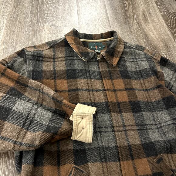 Vintage J.Crew Wool Plaid Zip Jacket Brown Gray Check Oversized Made in USA sz L - Picture 11 of 16